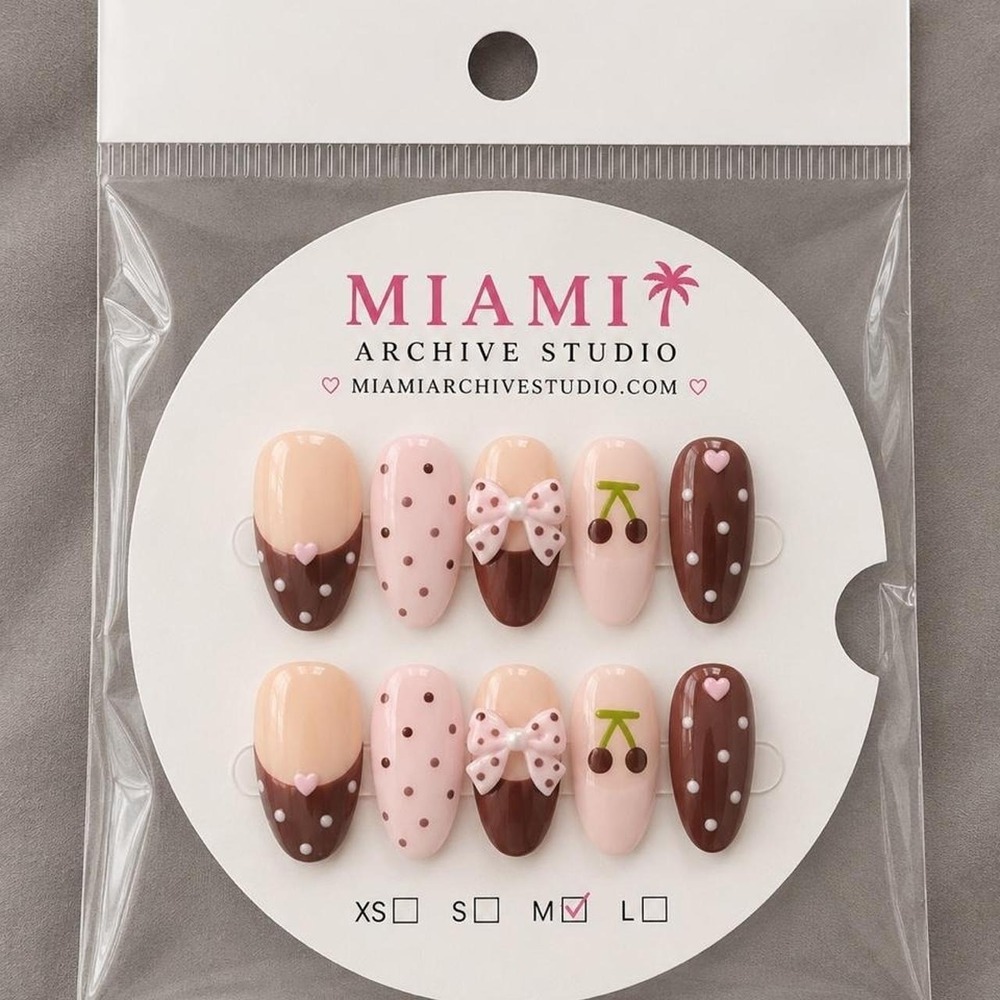 Cherry Coquette Press-On Nails | Handmade Brown Bow Nail Set